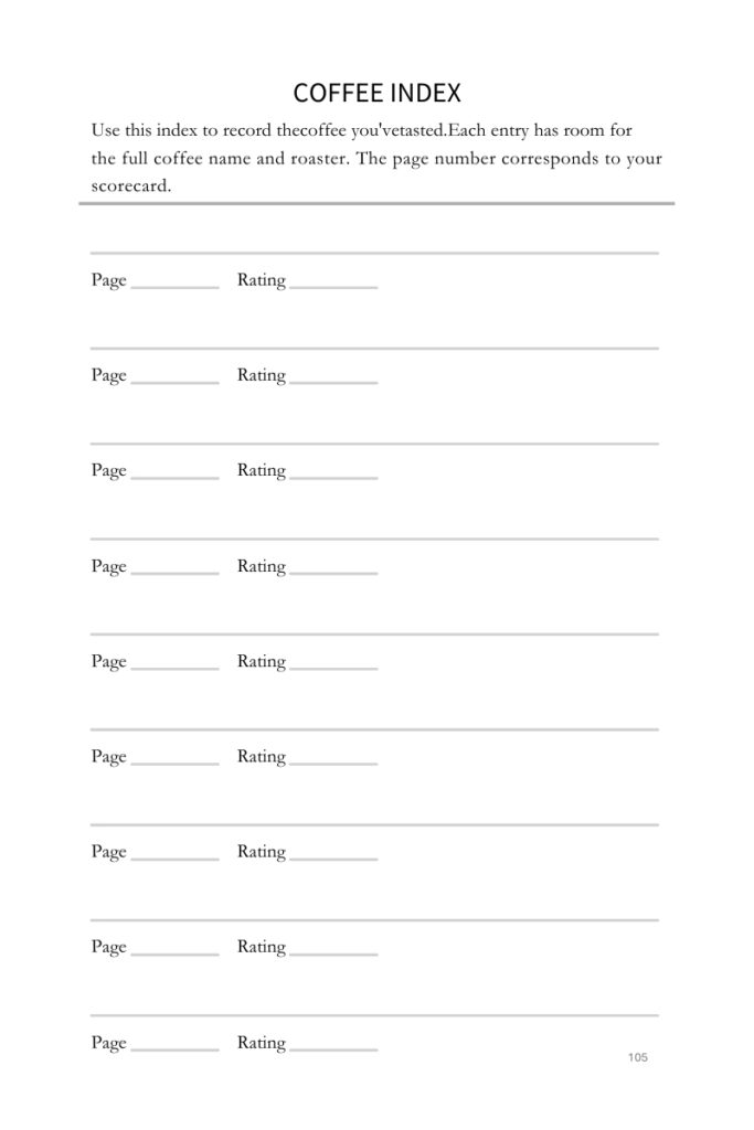 Coffee Tasting Journal index page with space for page numbers and ratings to track tasting notes