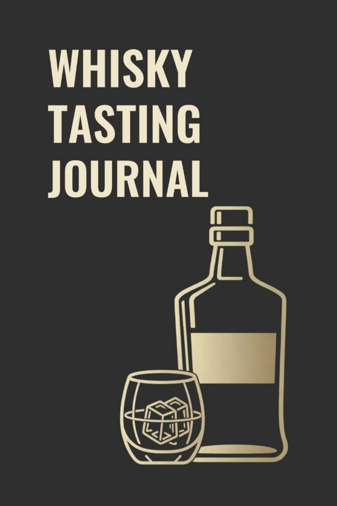 Whisky Tasting Journal front cover with whisky glass illustration on dark background