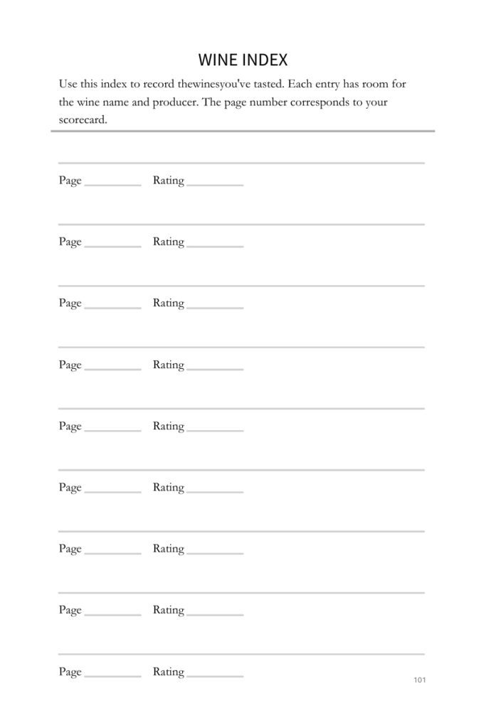 Wine Tasting Journal index page with space for page numbers and ratings to track tasting notes