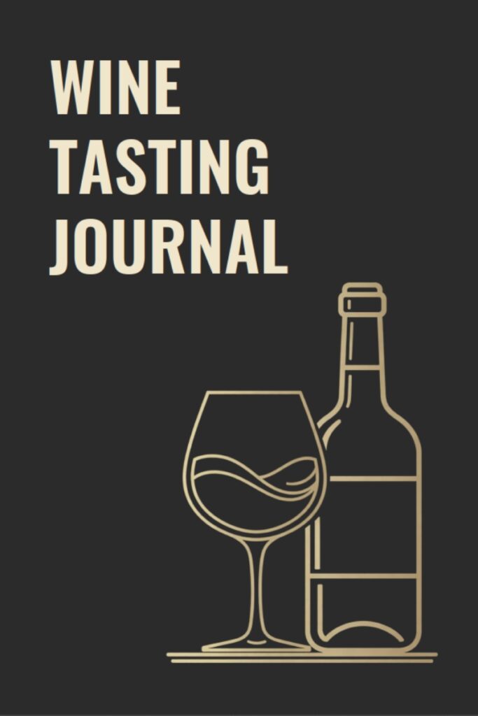 Wine Tasting Journal front cover with wine glass and bottle illustration on dark background"