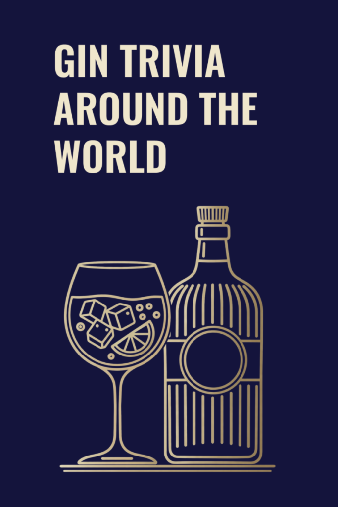 GIN TRIVIA AROUND THE WORLD book cover. Dark navy background with writing and illustration in gold. Showing Gin glass and gin bottle.